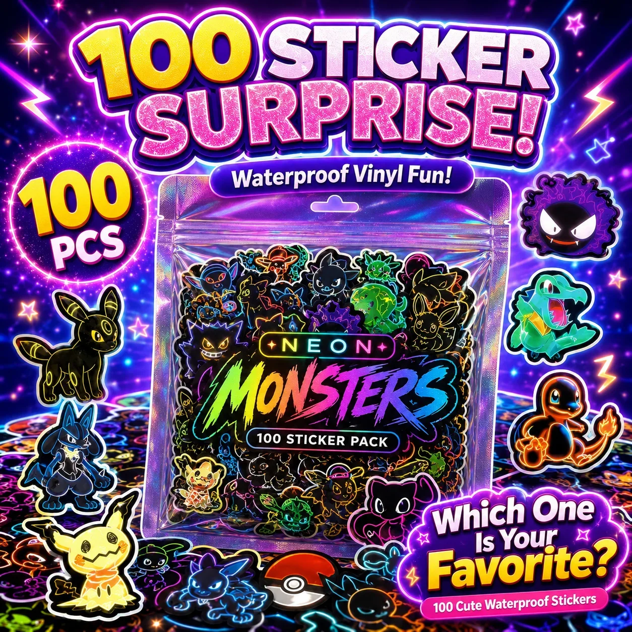 Scrapbooking - 100 buah stiker Pokémon neon, tahan